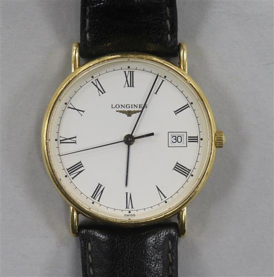 A gentlemans 18ct gold Longines quartz wrist watch,